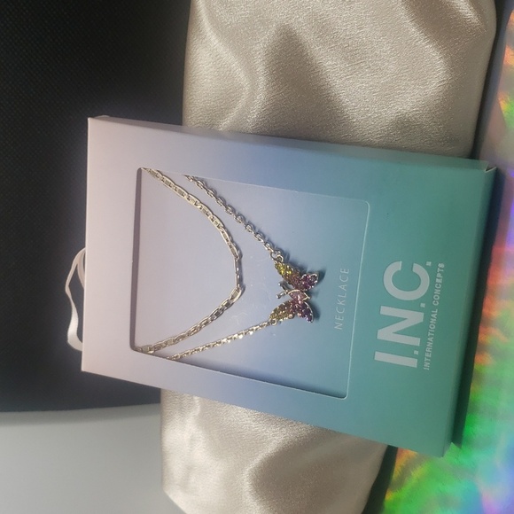 INC Golden Tone Crystal Summer Butterfly Necklace yellow, orange, hot pi… - Picture 4 of 5